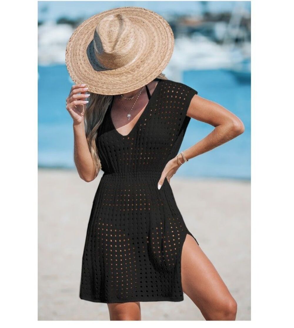 NWT CUPSHE Black Cutout Dolman Sleeve Knit Swim Cover Up Mini Dress Women Size L